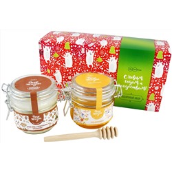 Подарочный набор "С Новым Годом и Рождеством Медведи" мёд цветочный, с кедровыми орешками бугель и ложечка медовая