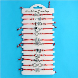 KNN014S Набор браслетов из красной нити со стразами Ассорти №2, 12шт, цвет серебр.