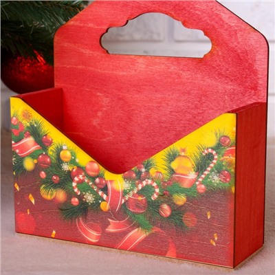 Кашпо деревянное "Конверт, Новогодний №4", деревянная ручка, красное, 20,5×18×6 см