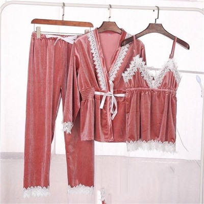 Пижама велюр 3 в 1 топ, кардиган и брюки pink S30