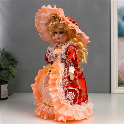 Кукла коллекционная керамика "Леди Анастасия в красно-оранжевом платье " 30 см