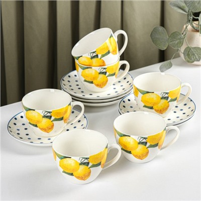 Сервиз чайный Доляна «Лимон», 12 предметов: 6 чашек 250 мл, 6 блюдец d=15,5 см