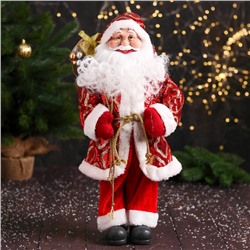 Дед Мороз " В узорчатой шубе, с подвязкой" 47 см, красный