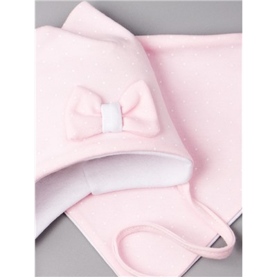 Шапка трикотажная для девочки на завязках, бантик + снуд, в горошек, светло-розовый