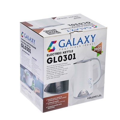 Чайник электрический Galaxy GL 0301, пластик, колба металл, 1.5 л, 2000 Вт, белый