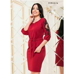 Платье Size Plus с пояском вышивка рукава red wine M29