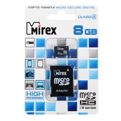 Карта памяти microSD Mirex 8 Gb class 4, с адаптером
