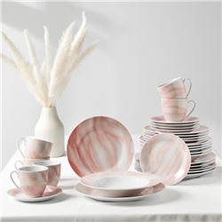 Сервиз столовый Доляна «Мрамор», 24 предмета: тарелки 19/21×3,5/24 см, чайная пара 200 мл, цвет розовый
