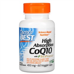 Doctor's Best, CoQ10 с высокой степенью всасывания с BioPerine, 400 мг, 60 растительных капсул