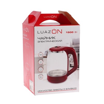 Чайник электрический LuazON LSK-1809, стекло, 1.8 л, 1500 Вт, подсветка, красный