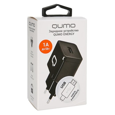 Сетевое зарядное устройство Qumo Energy, USB, 1 А, micro USB, 1 м,