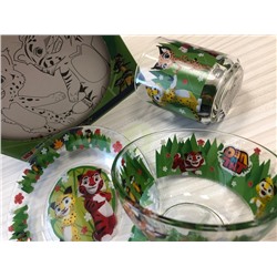 Набор детской посуды "Лео и Тиг" 3 предмета, стекло (тарелка 20см, салатник 13см, кружка 200мл)