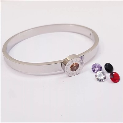 Женский жёсткий браслет на руку с фианитами цвет серебро сталь со съёмными камнями