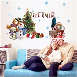 Декоративная рождественская наклейка на стекло "Снеговик и Винни Пух"