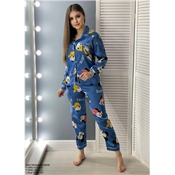 Пижама женская со штанами / с брюками и рубашкой для сна шелк однотонная микки синий ,46