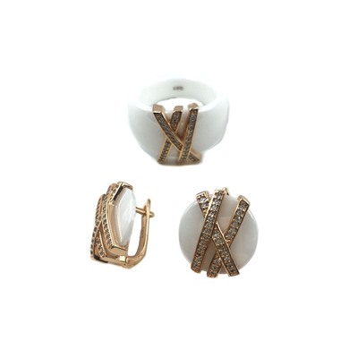 Набор серьги с кольцом керамика белая позолоченный