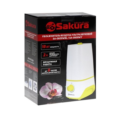 Увлажнитель воздуха Sakura SA-0609WBL, ультразвуковой, 18 Вт, 2 л, до 18 м2, бело-жёлтый