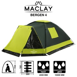 Палатка туристическая BERGEN 4, размер 260 х 180 х 110 см, 4-местная, двухслойная