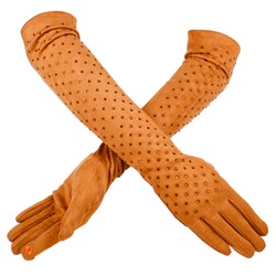 Сенсорные длинные перчатки (имитация замши)  с декором из страз