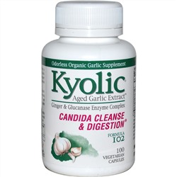 Kyolic, Экстракт выдержанного чеснока, формула 102 для удаления дрожжевого грибка и улучшения пищеварения, 100 растительных капсул