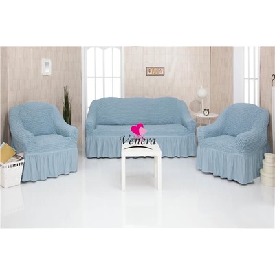 Комплект чехлов на трехместный диван и 2 кресла с оборкой серо голубой 215, Характеристики