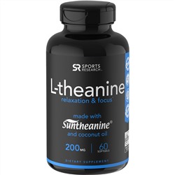 Sports Research, L-тианин, 200 мг, 60 мягких желатиновых капсул с жидкостью