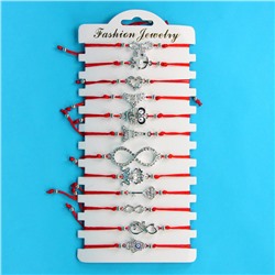 KNN012S Набор браслетов из красной нити со стразами Ассорти Романтика, 12шт, цвет серебр.