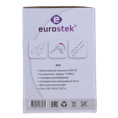 Миксер EuroStek EHM-356, 350 Вт, 5 скоростей, режим ТУРБО, 4 насадки