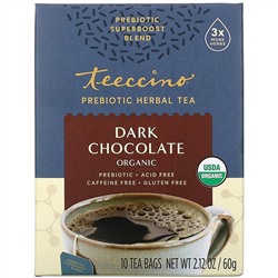 Teeccino, Prebiotic Herbal Tea, Organic Dark Chocolate, Caffeine Free , 10 Tea Bags, 2.12 oz (60 g)