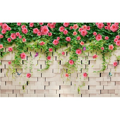 3D Фотообои «Кирпичная стена с цветами»