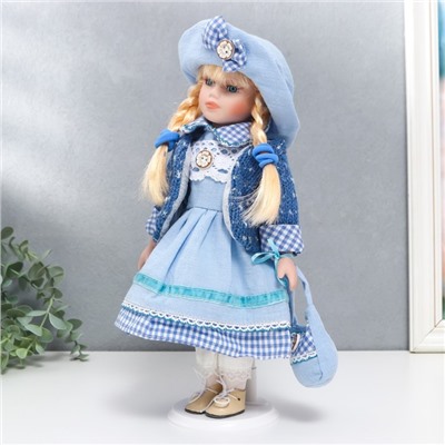Кукла коллекционная керамика "Валя в голубом платье и свитере" 30 см