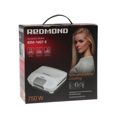 Бутербродница REDMOND RSM-1407-E, 750 Вт, антипригарное покрытие, белая
