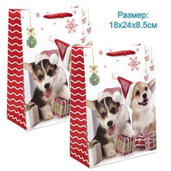 Пакет бумажный подарочный новогодний "2 Собачки с подарками" 18х24х8,5см