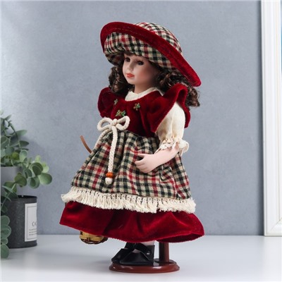 Кукла коллекционная керамика "Марина в платье с бархатом в клетку, с корзиной" 30 см