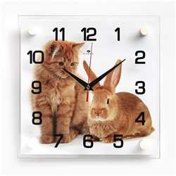 Часы настенные, серия: Интерьер, "Заяц и кот", плавный ход, 25 х 25 см