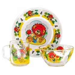 Набор детской посуды "Львенок" 3 предмета, стекло (тарелка 20см, салатник 13см, кружка 200мл)
