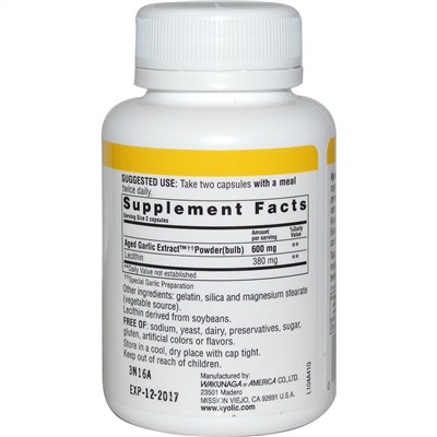 Kyolic, Экстракт выдержанного чеснока с лецитином, формула 104 для снижения уровня холестерина, 100 капсул