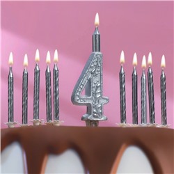 Набор свечей для торта (2 в 1) серебряный узор Цифра "4" + Свечи "С Днём Рождения" 10 шт