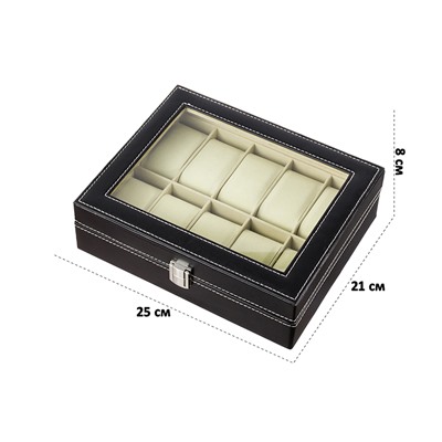 Шкатулка для хранения 10 часов 25*21*8 см "Черная" + прозрачное окно на крышке, матовая