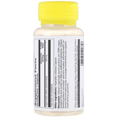 Solaray, Органически выращенный чеснок, 600 мг, 100 растительных капсул