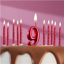 Набор свечей для торта (2 в 1) рубиновая Цифра "9" + Свечи "С Днём Рождения" рубин 10 шт