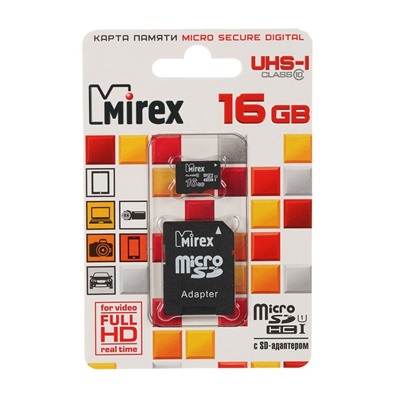 Карта памяти Mirex microSD, 16 Гб, с адаптером, SDHC, UHS-I, класс 10