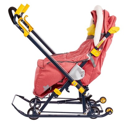 Санки коляска «Ника Детям НД 7-7», дизайн в джинсовом стиле красный, механизм качания
