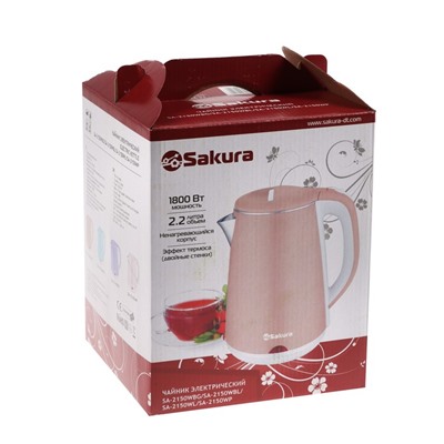 Чайник электрический Sakura SA-2150WL, 1800 Вт, 2.2 л, розовый