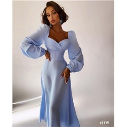 Платье миди женственное декольте Голубое A116