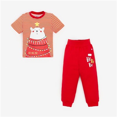 Пижама детская (футболка, брюки) Медведь/полоска, цвет красный/белый, рост 74 см