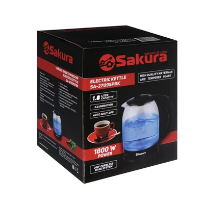 Чайник электрический Sakura SA-2709SPBK, стекло, 1.8 л, 1800 Вт, чёрный