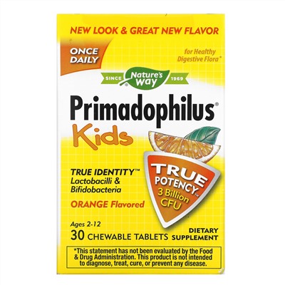 Nature's Way, Primadophilus, для детей, со вкусом апельсина, 3 млрд КОЕ, 30 жевательных таблеток