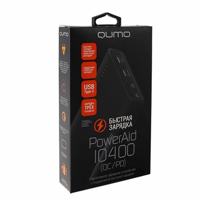 Внешний аккумулятор Qumo PowerAid 10400 QC/PD, 10400  мА-ч, 2 USB, черный