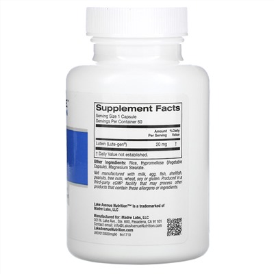 Lake Avenue Nutrition, лютеин, 20 мг, 60 растительных капсул